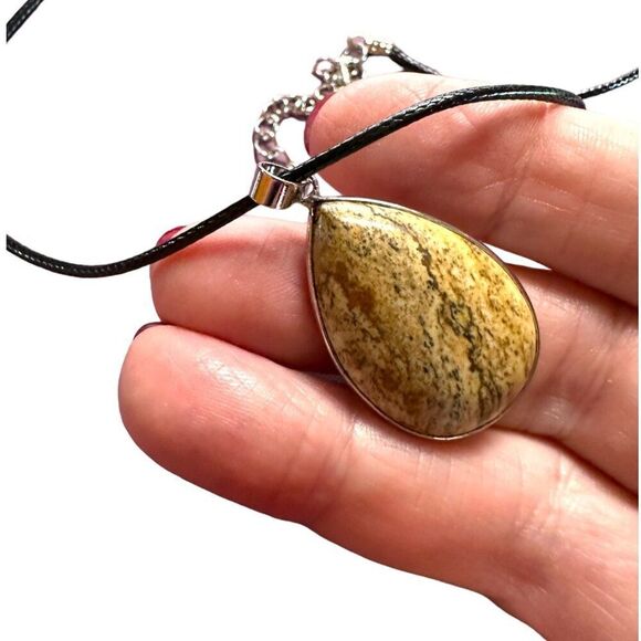 Picture Jasper Teardrop Necklace Silver Bezel Setting - Picture 3 of 8